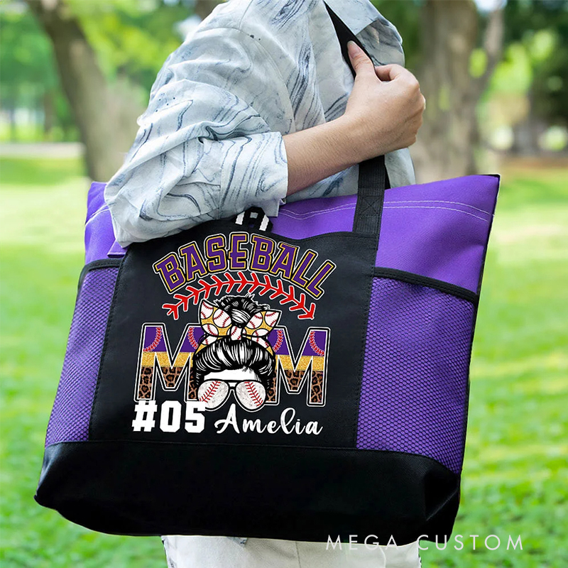 Personalized Baseball Mom Tote Bag with Custom Name and Number  