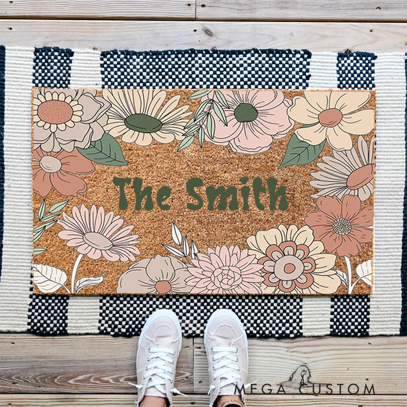 Personalized Doormat Custom Flowers Door Mat With Family Name New Home Gift Housewarming Wedding Gift for Couples First Home Gift Christmas Gift