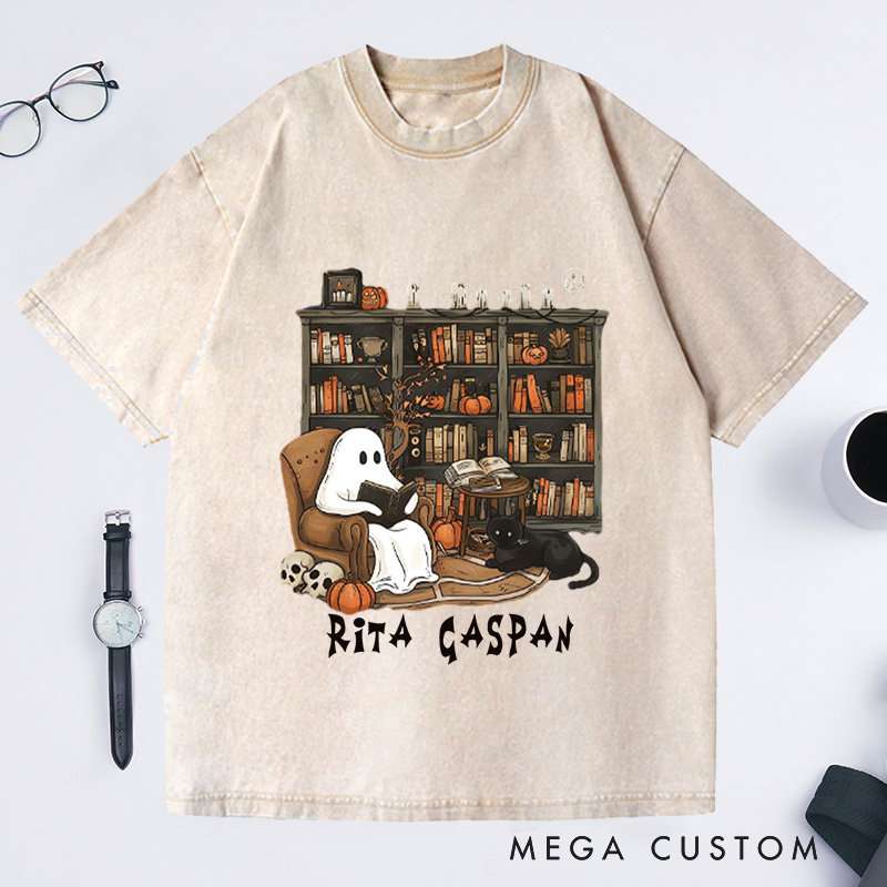 Personalized Ghost Book Reader Washed T-Shirts Reading Tee Book Lover Gift Reading Enthusiast Book Shirt Ghost Reader Tee Literature Lover