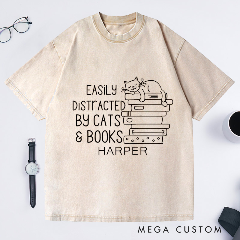 Personalized Easily Distracted By Cats And Books Washed T-Shirts Book Lover Gift Funny Cat Shirt