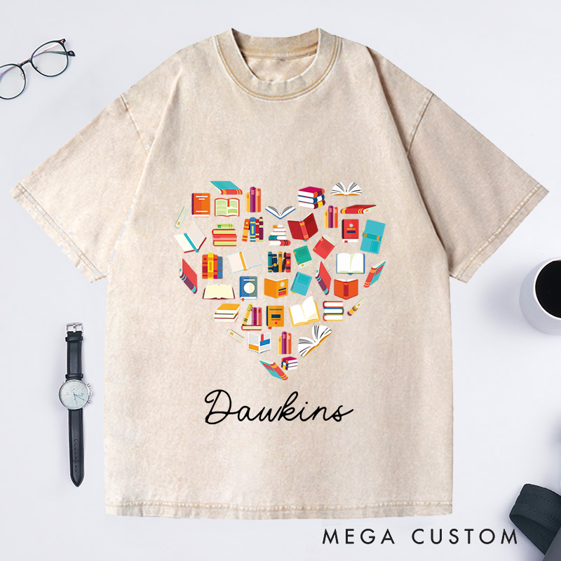 Personalized Book Love Washed T-Shirts Book Addict Clothing Book Heart Tee Reading Lover T-Shirt 
