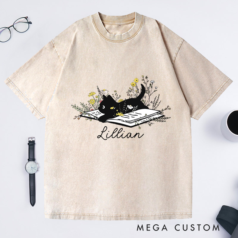 Personalized Cat Flowers Lover Washed T-Shirts Cute Book Cat Shirt Floral Book Shirt Book Lover Shirt