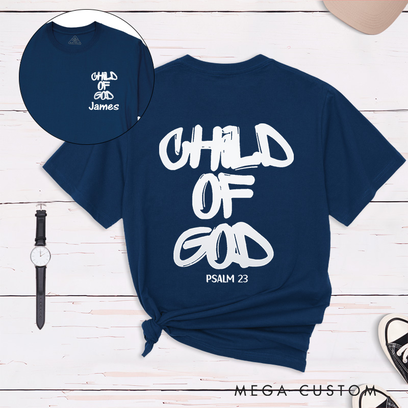 Personalized Child of God Classic T-Shirt with Name Graffiti Style Cotton Bible Verse Shirt Christmas Easter Gift for Men and Women