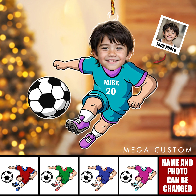 Personalized Soccer Player Ornament with Custom Name Number and Photo Design