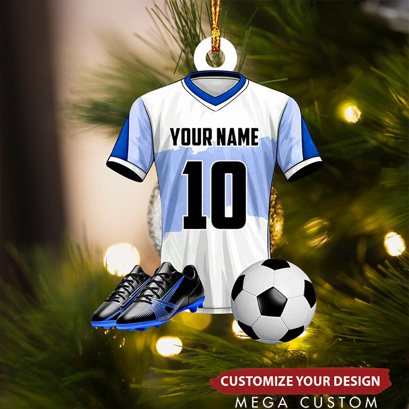 Personalized Soccer Jersey Ornament with Customizable Name Number and Design Featuring Soccer Ball and Cleats