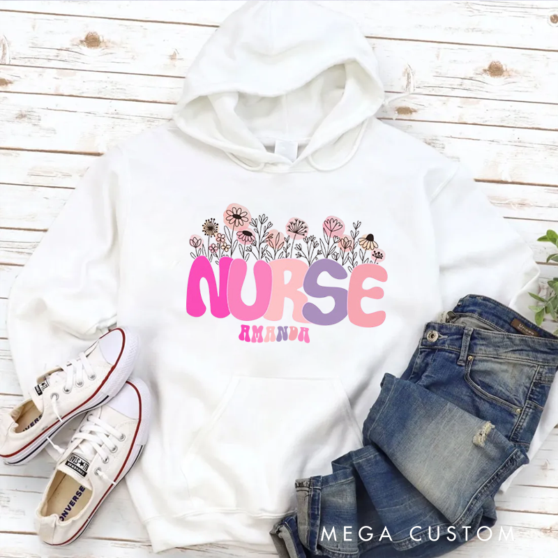 Personalized Hoodies for Nurse Nurse Arrangement of Hand Drawn Flowers Hoodies Appreciation Gift for Nurse