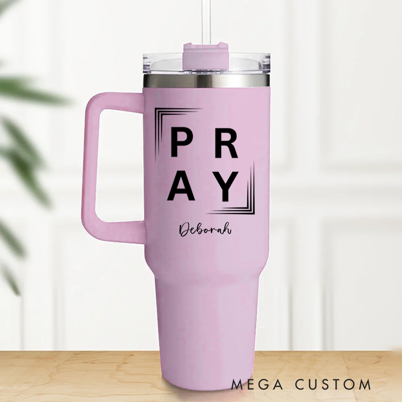 Personalized Multicolor Christian Theme Pray Tumbler with Name and Straw Travel Accessories Baptism Birthday Gift for Christians
