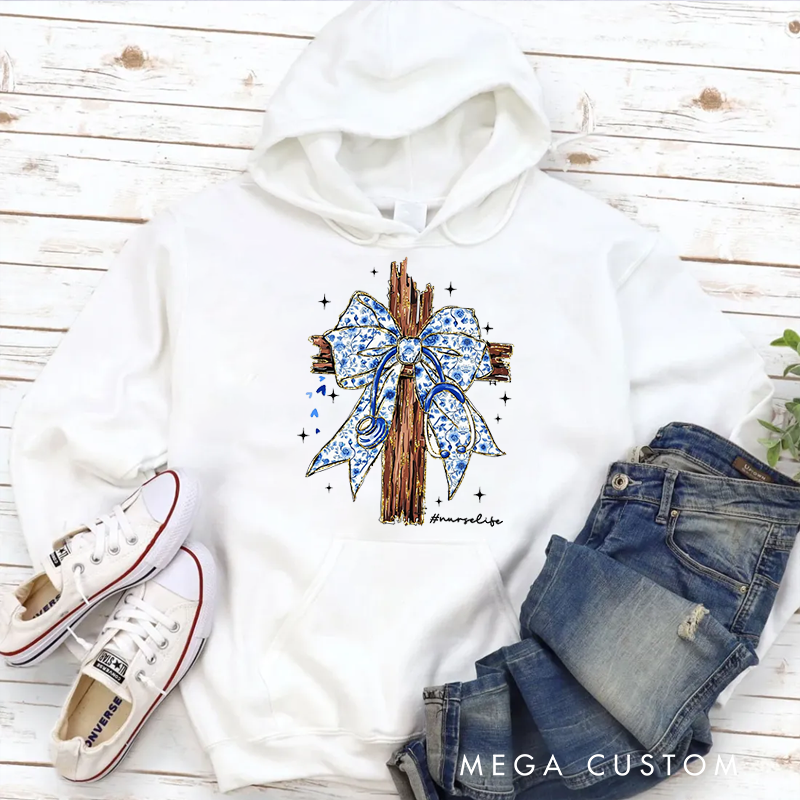 Personalized Hoodies for Nurse Wooden Cross Adorned with a Blue Ribbon Tied Hoodies Appreciation Gift for Nurse