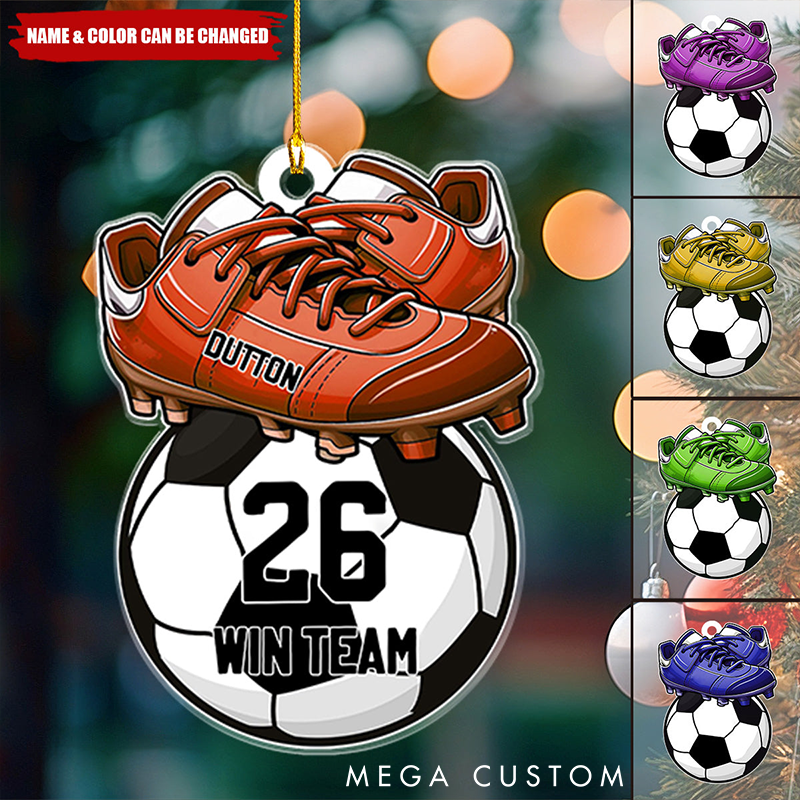 Personalized Soccer Ornament with Custom Name Number Color and Text Featuring Cleats and Ball Design