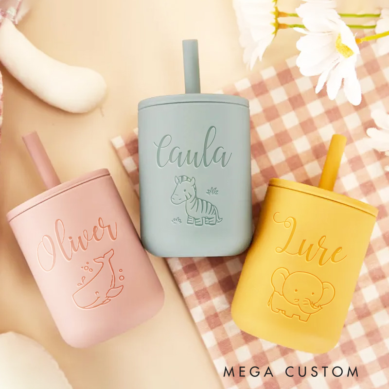 Personalized Baby Silicone Sippy Cup Engraved Name Sippy Cup Unisex Newborn Baby Gift