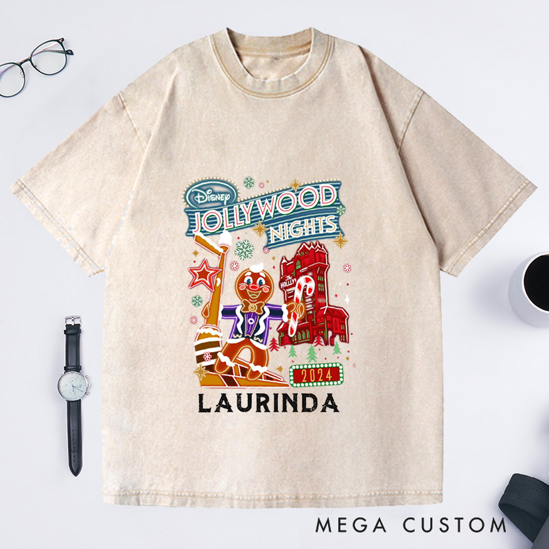 Personalized Jollywood Nights Washed T-Shirts Xmas Baking Party Shirt Christmas Family Trip Shirt