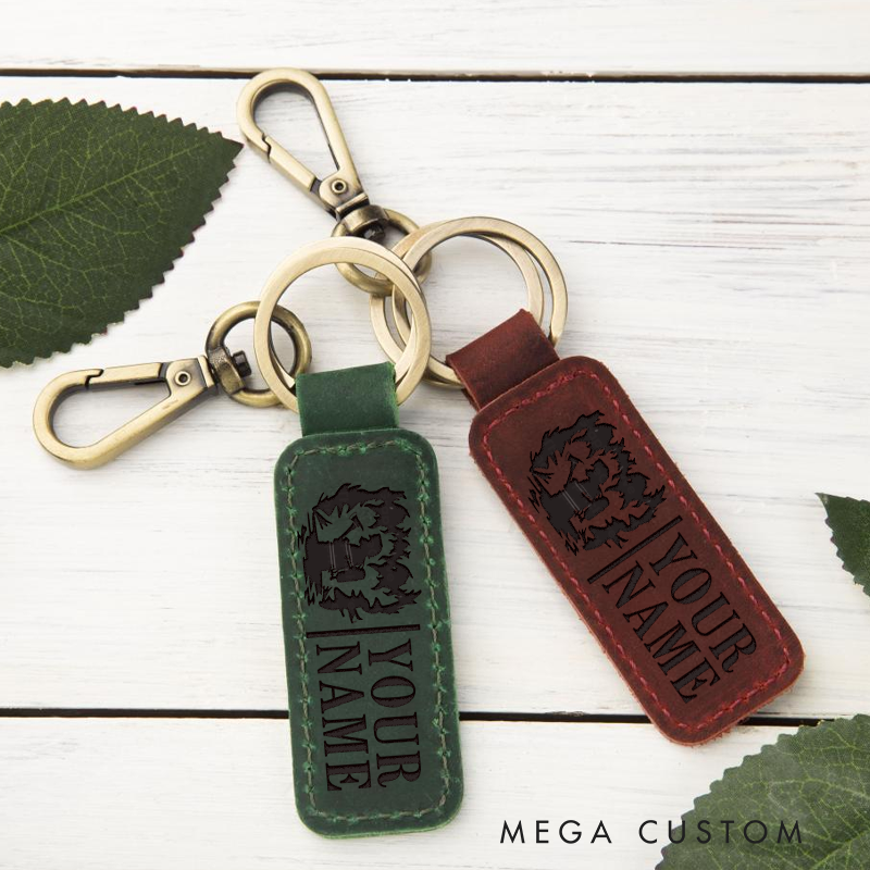 Personalized Leather Keychain with Firefighter Flames and Helmet Design Customized Gift for Firefighter
