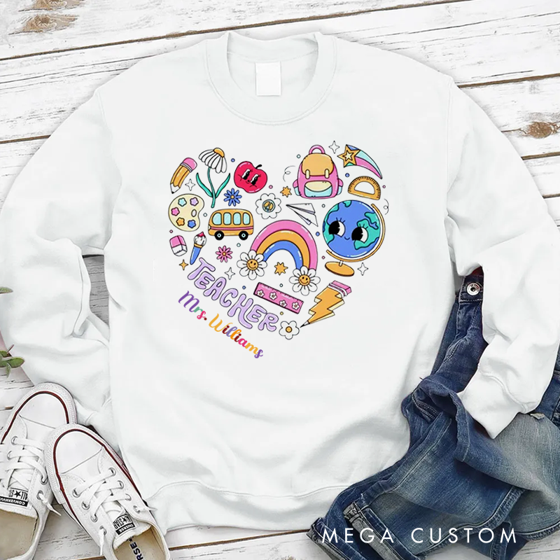 Personalized Teacher Sweatshirt School Related Elements Arranged in a Heart shape Appreciation Gift for Teachers