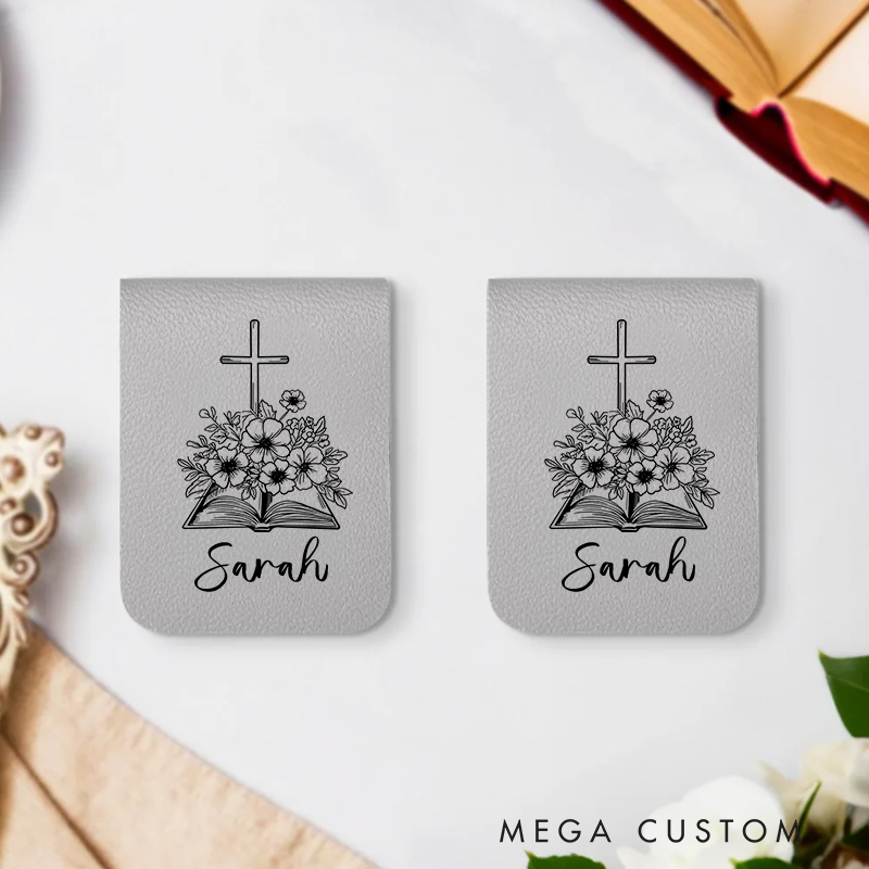 Personalized Bible Book Flower Cross Magnetic Leather Bookmark Clip with Name Birthday Christmas Gift for Christian Book Lovers