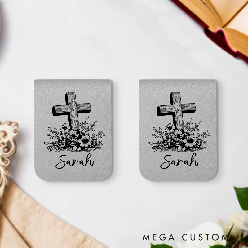 Personalized Flower Cross Magnetic Leather Bookmark Clip with Name Birthday Christmas Gift for Christian Book Lovers