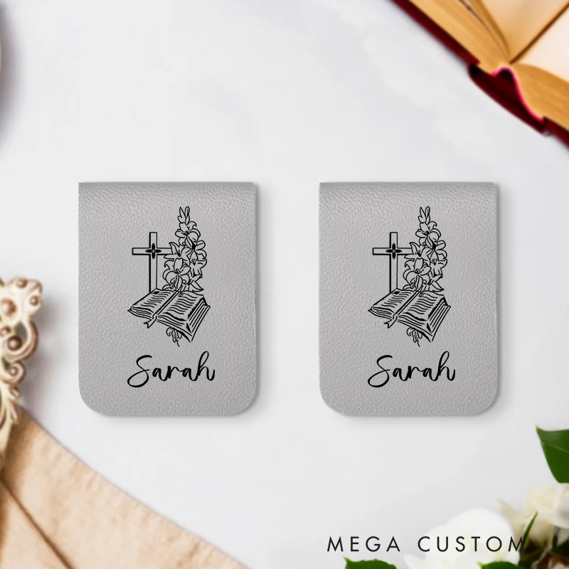 Personalized Bible Book Lilies Cross Magnetic Leather Bookmark Clip with Name Birthday Christmas Gift for Christian Book Lovers