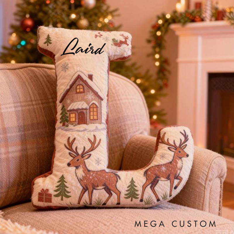 Personalized Christmas Letter Pillow with Winter Scene Design Custom Name Cushion Featuring Reindeer and Cabin for Holiday Home Decor Graphic 3D Print