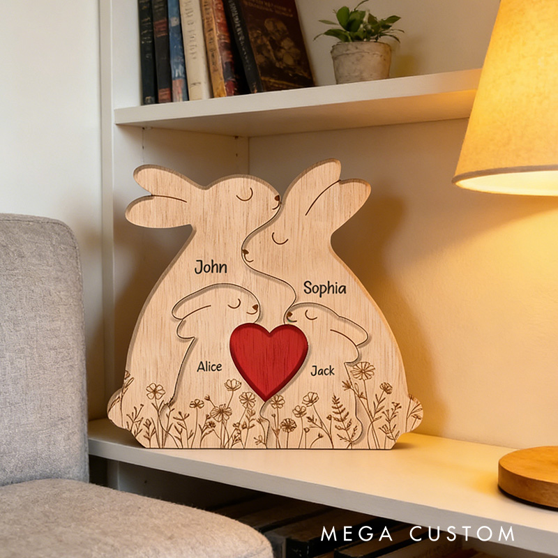 Personalized Wooden Bunny Family Decor Custom Engraved Name Sign Rustic Home Decoration Gift for Mom Dad Kids Birthday Mother's Day Father's Day