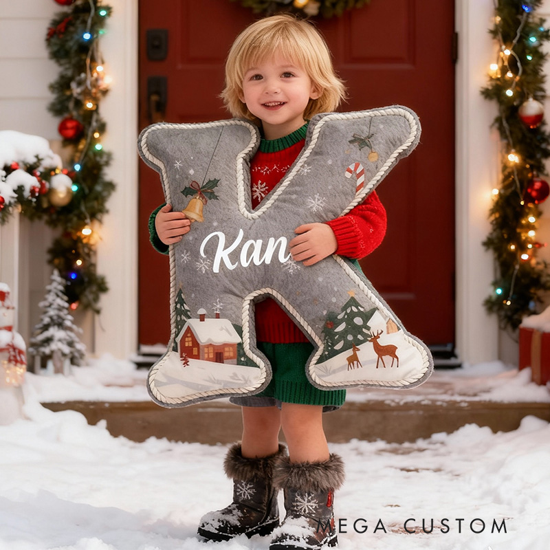 Personalized Christmas Letter Pillow Graphic 3D Print Custom Name Cozy Holiday Decor with Festive Winter Scene Candy Cane and Deer Design