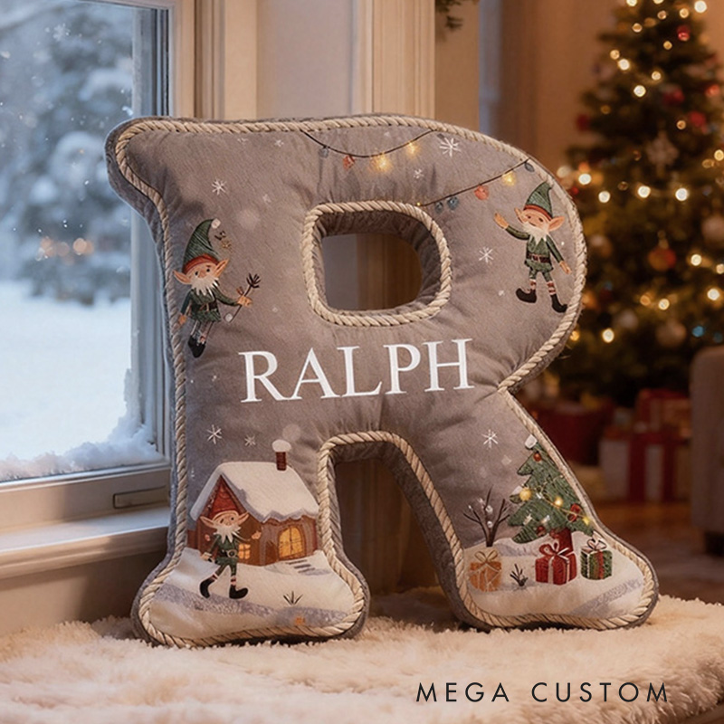 Personalized Gray Christmas Pillow Graphic 3D Print Custom Name Cozy Holiday Decor with Festive Elf and Christmas Tree Design Cushion Perfect Gift