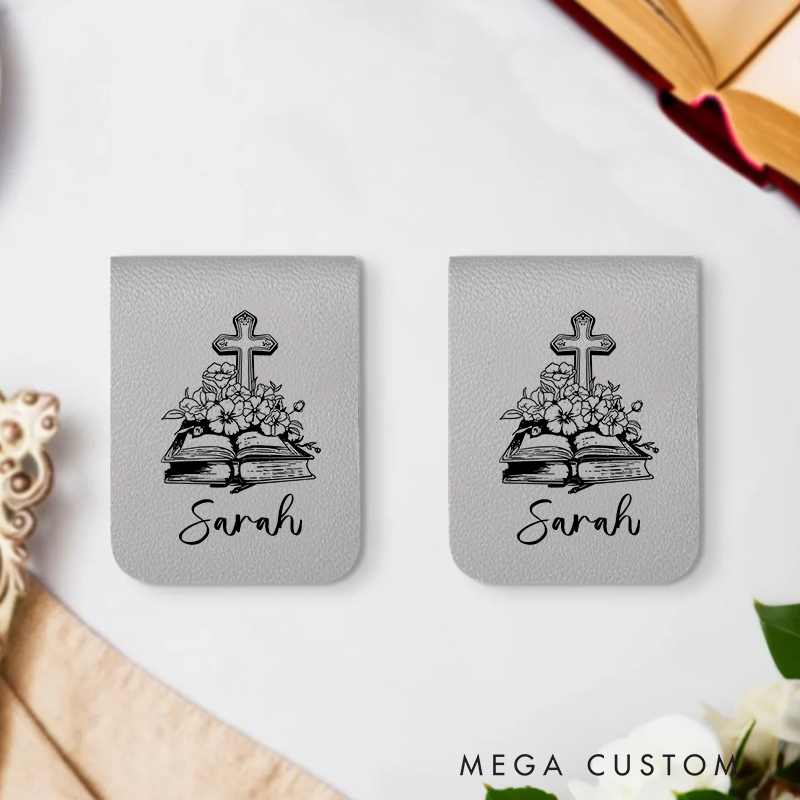 Personalized Flower Bible Book Cross Magnetic Leather Bookmark Clip with Name Birthday Christmas Gift for Christian Book Lovers