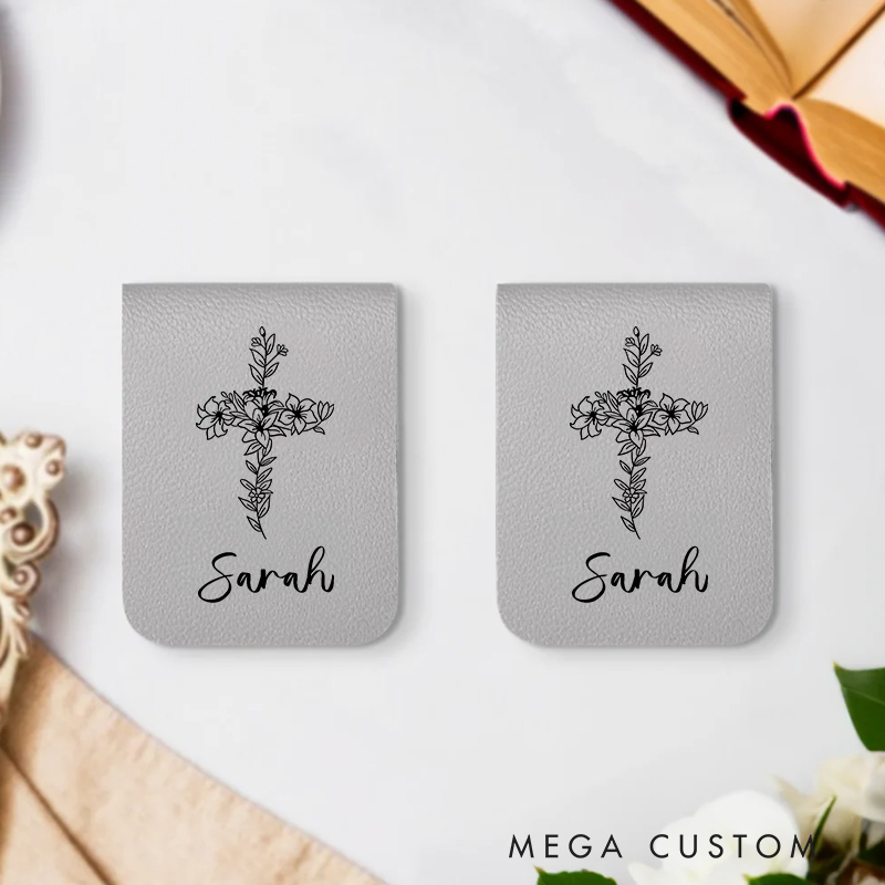 Personalized Flower Cross Elegance Magnetic Leather Bookmark Clip with Name Birthday Christmas Gift for Christian Book Lovers