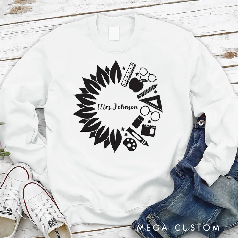 Personalized Hoodies for Teachers Sunflower Inspired Wreath Made up of School Themed Icons Hoodies Gift for Teachers