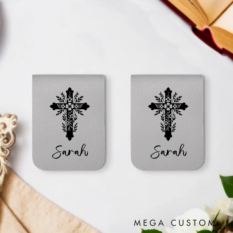 Personalized Intricacy Flower Cross Magnetic Leather Bookmark Clip with Name Birthday Christmas Gift for Christian Book Lovers