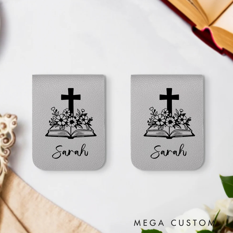 Personalized Spirituality Bible Book Flower Cross Magnetic Leather Bookmark Clip with Name Birthday Christmas Gift for Christian Book Lovers
