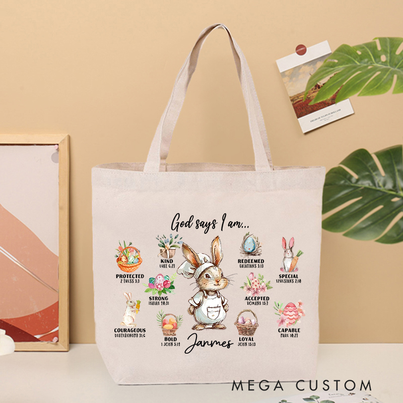 Personalized Rabbit Dream Job Cute Bunny God Said I Am Bible Tote Bag with Name and Canvas Pocket Easter Birthday Christian Gift for Kids