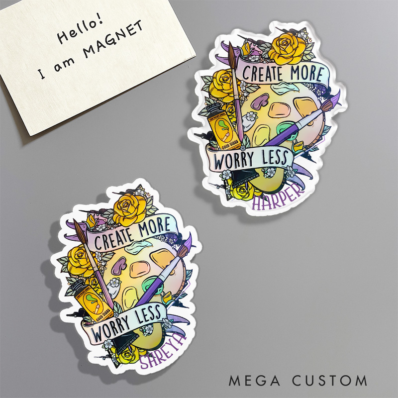 Personalized Create More Worry Less Artist Fridge Magnets Painting Motivational Magnets Art Lover Illustration Fridge Decal