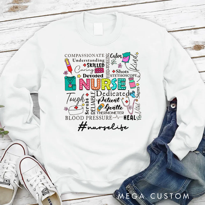 Personalized Nurse Sweatshirt Nursing Related Words and Illustrations Appreciation Gift for Nurse