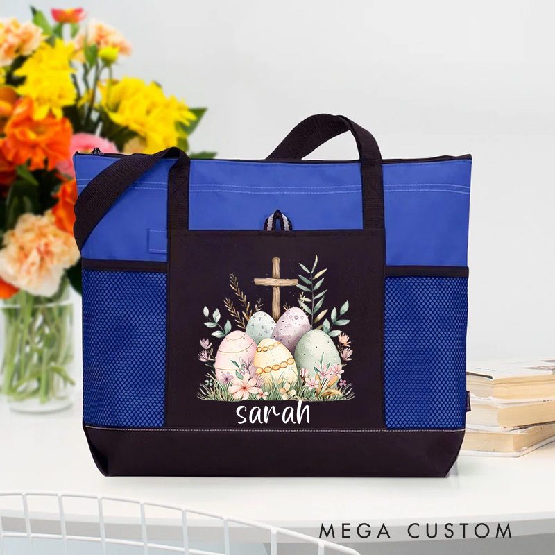 Personalized Easter Eggs Floral Cross Zipper Tote Bag with Name and Mesh Pocket Prayer Day Easter Storage Holiday Gift for Women Christian