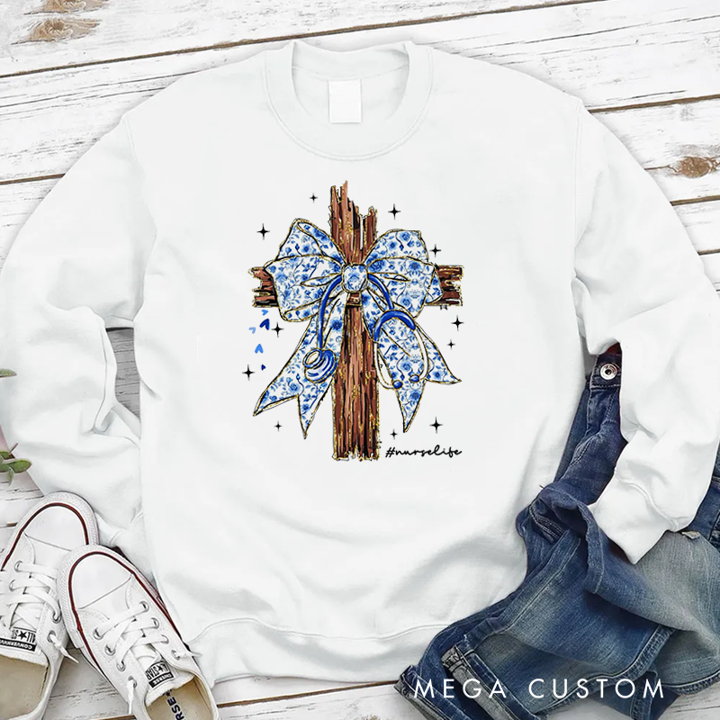 Personalized Nurse Sweatshirt Wooden Cross Adorned with a Blue Ribbon Tied Appreciation Gift for Nurse