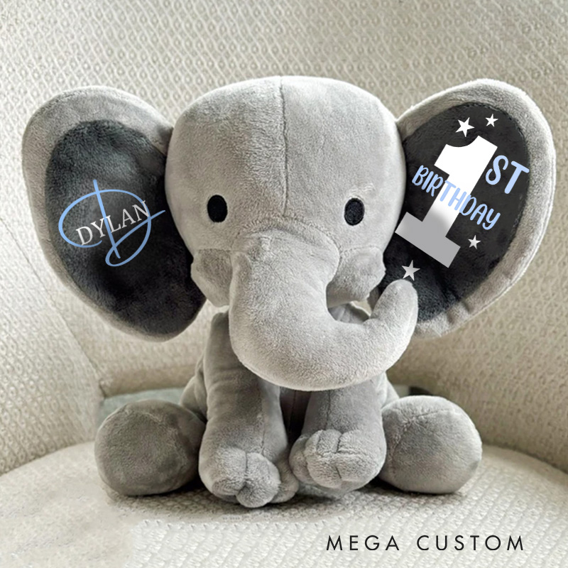 Personalized First Birthday Illustration with Star Accents for a Special Milestone Celebration Baby Elephant Plush Toys