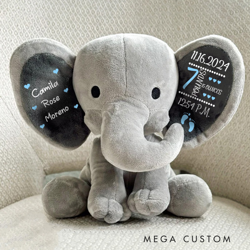 Personalized Birth Details Illustration with Date Time Weight Height and Footprint Accents for a Meaningful Keepsake Baby Elephant Plush Toys
