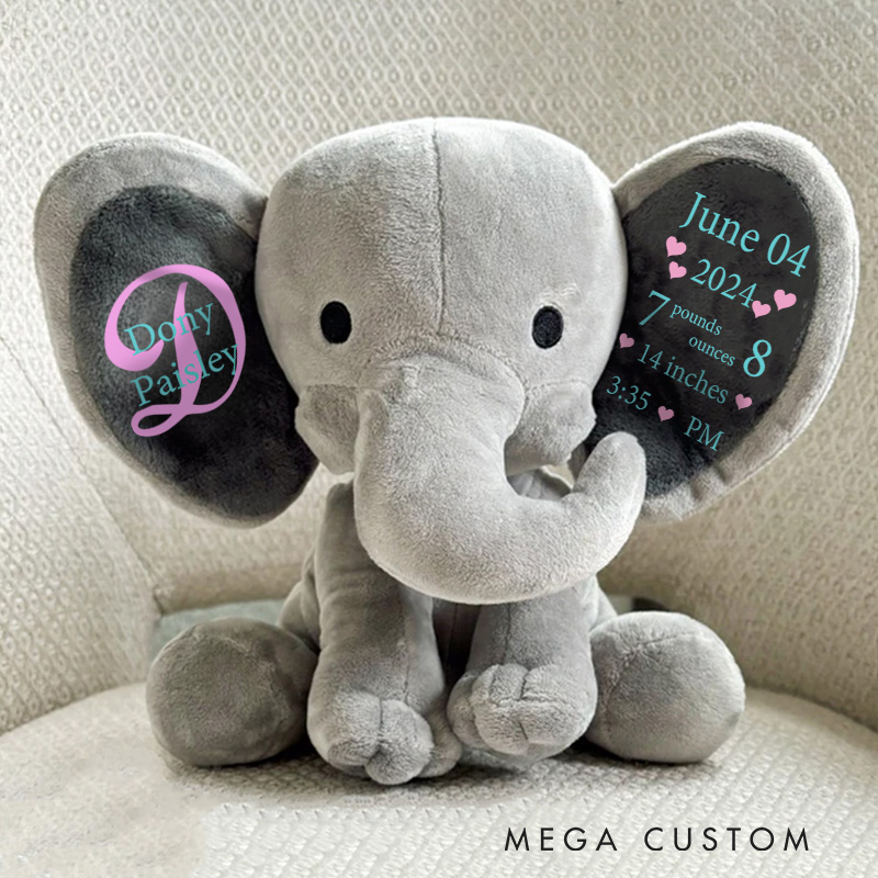 Personalized Initial and Name Illustration with Elegant Typography for a Sophisticated Nursery Accent Baby Elephant Plush Toys