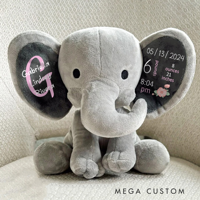 Personalized Birth Announcement Illustration with Date Time Weight Height and Baby Footprint Accents for a Cherished Keepsake Baby Elephant Plush Toys