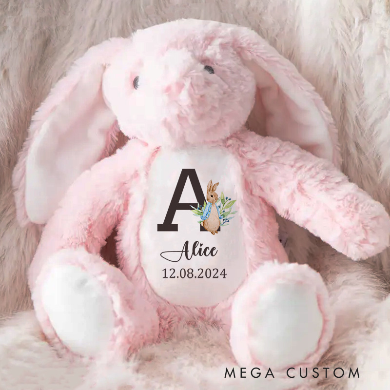 Personalized Initial and Name Illustration Featuring Date and Floral Details for a Charming Nursery Accent Baby Rabbit Plush Toys