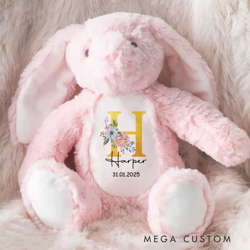 Personalized Initial and Name Illustration Featuring Date and Floral Accents for a Beautiful Nursery Decoration Baby Rabbit Plush Toys