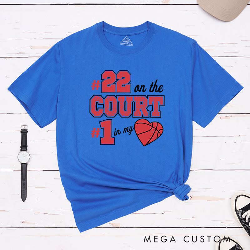 Personalized Basketball Fan T Shirt with Custom Jersey Number and Heartfelt On the Court In My Heart Design
