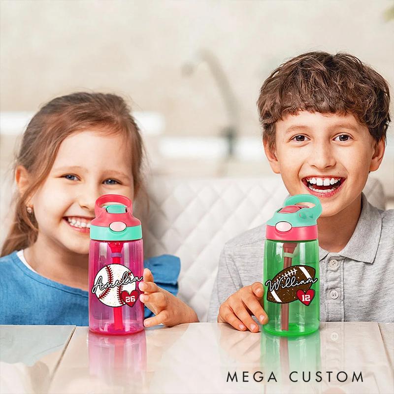 Personalized Kids' Sports Water Bottles with Custom Name and Fun Athletic Designs