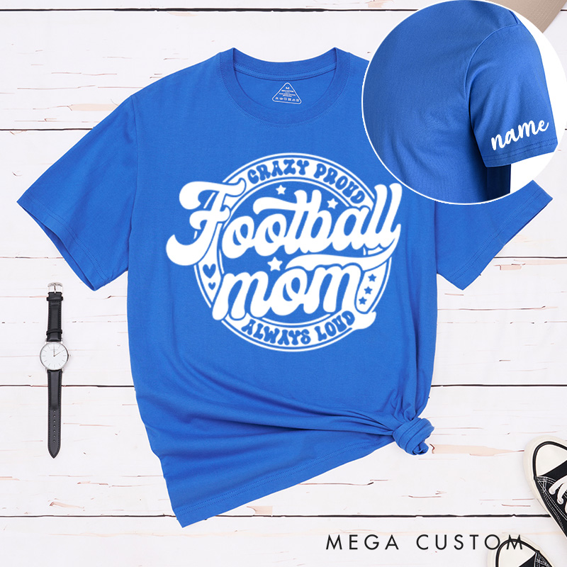 Personalized American Football Mom T-Shirts Featuring Custom Name on the Sleeve