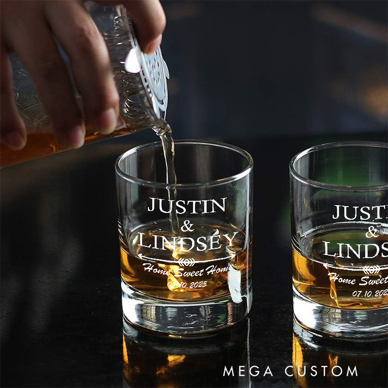 Personalized Home Sweet Home Whiskey Glass Wedding Housewarming Whiskey Tumbler First Home Bourbon Glasses Moving House Gift His and Hers Homeowner
