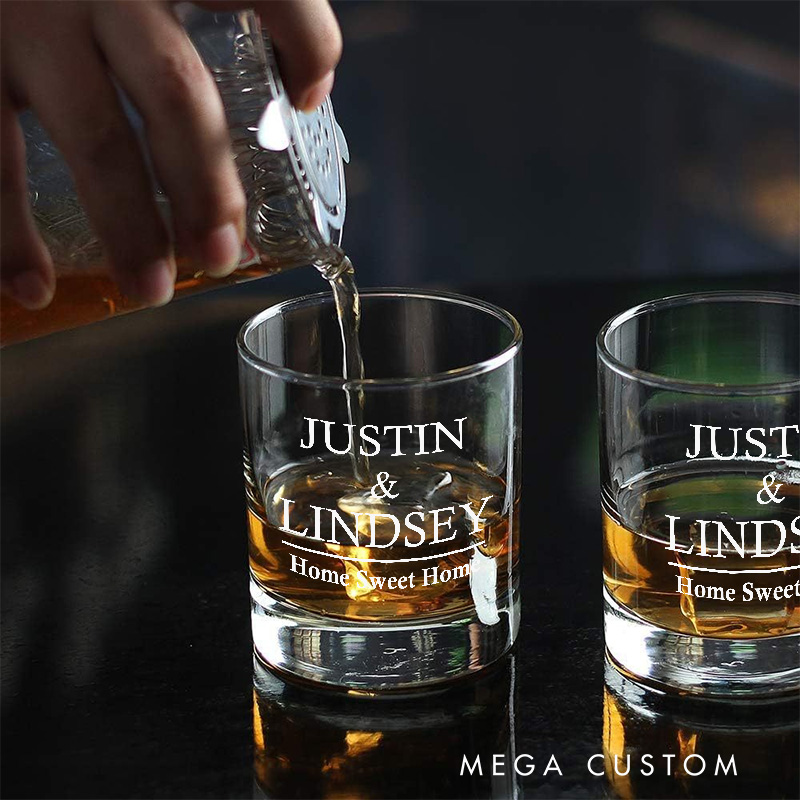 Personalized Home Sweet Home Whiskey Glass Custom Engraved Bourbon Glasses Wedding Housewarming Whiskey Tumbler New Home Moving House Gift Homeowner