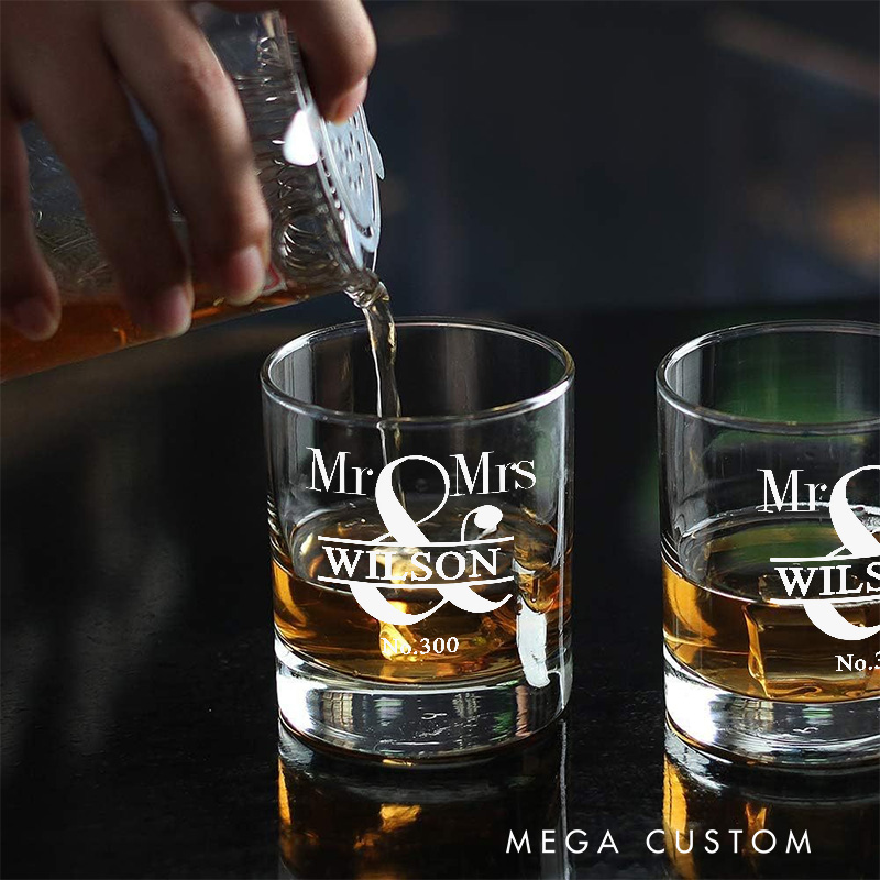 Personalized Mr and Mrs Whiskey Tumblers Housewarming Gift Custom Engraved Whiskey Glass Wedding New Home Gift Moving House Gift for Homeowner