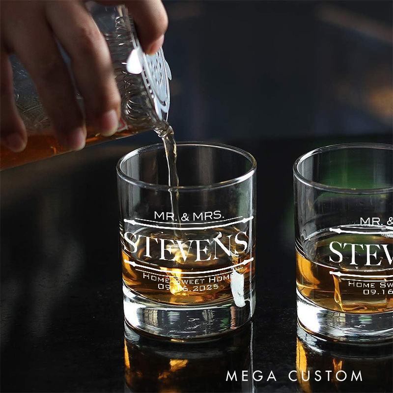 Personalized Mr And Mrs Home Sweet Home Whiskey Tumblers Custom Engraved Name Whiskey Glass Wedding Housewarming New Home Moving House Gift Homeowner