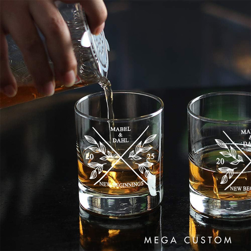 Personalized New Beginnings His and Hers Whiskey Tumblers Custom Engraved Whiskey Glass Wedding Housewarming Gift Moving House Gift for Homeowner