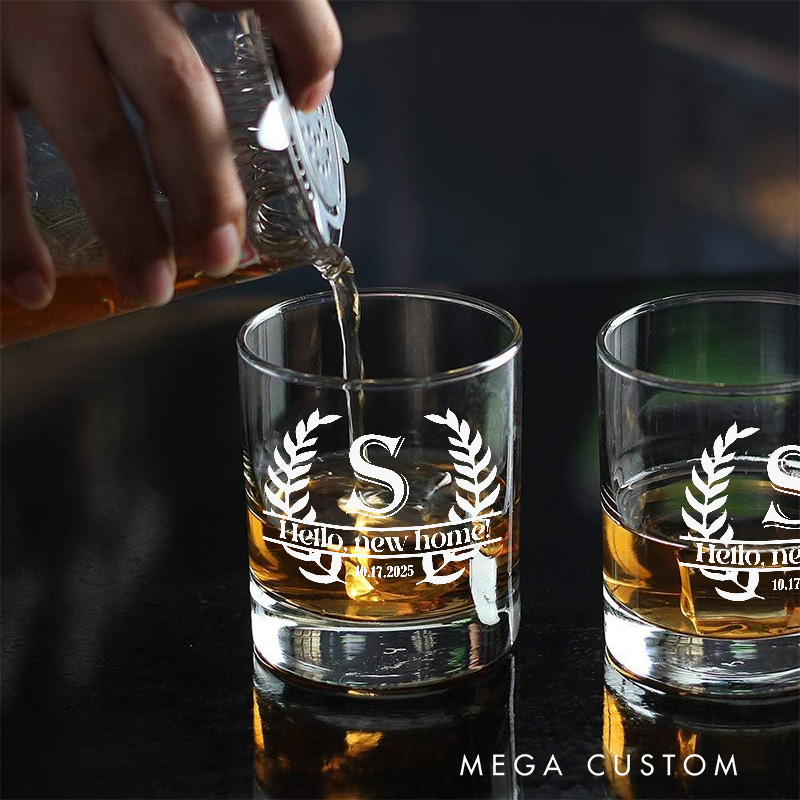Personalized Hello New Home Whiskey Tumblers with Initial Custom Whiskey Glass New Homeowner Housewarming Gift Moving House Gift Bourbon Glasses