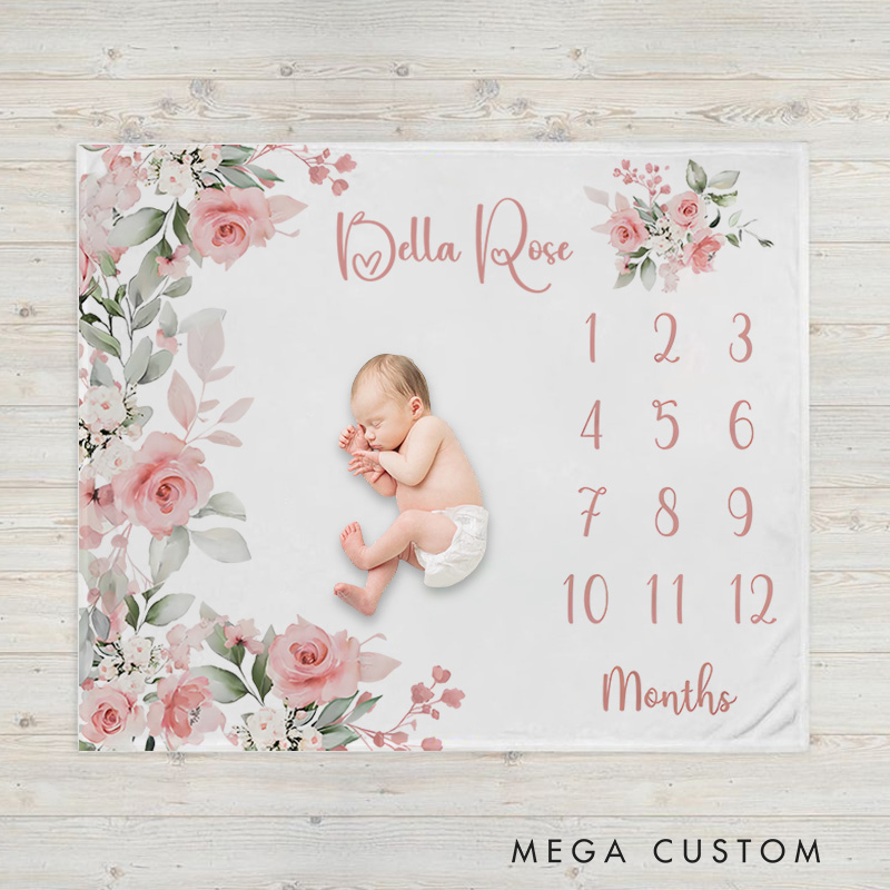 Personalized Floral Wreath Milestone Baby Blanket Combining A Floral Wreath And Growth Tracker Baby Blanket